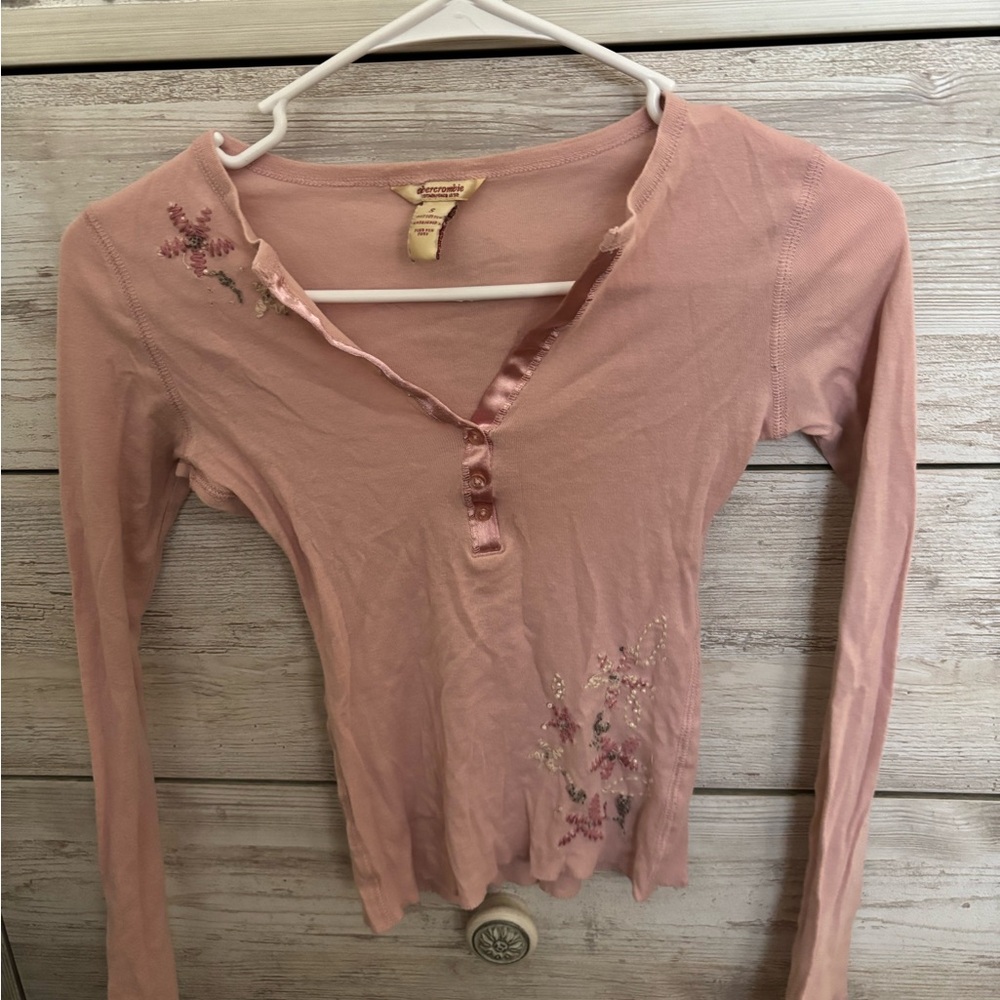 Abercrombie & Fitch Blush Long Sleeve Top with Floral Embroidery